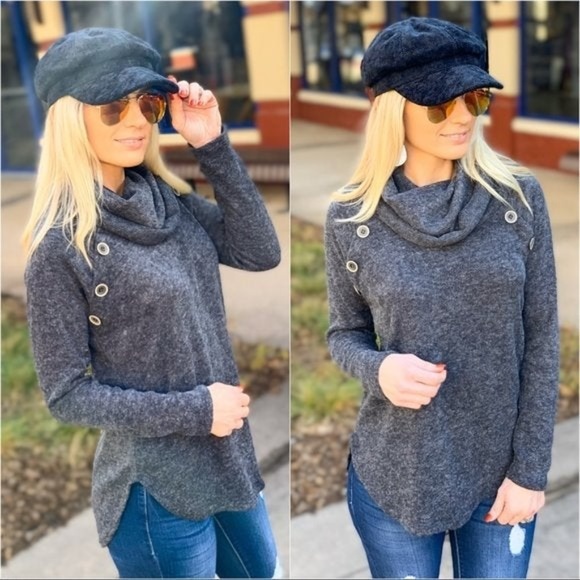 LAST ONE! Keep It Cozy Cowl Neck Top-Chharcoal - Picture 2 of 3